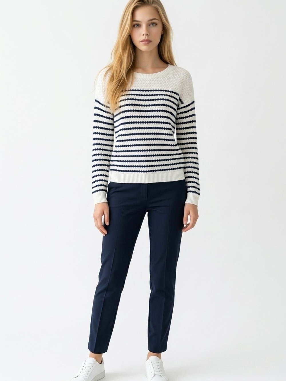 Talbots Large Navy Striped Textured Knit Cotton Blend Sweater